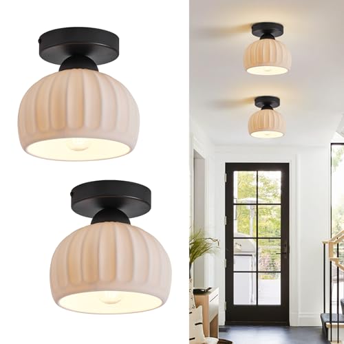 2 Pack Ceramic Semi Flush Mount Ceiling Light,Vintage Black Hallway Light Fixtures, White Globe Ceiling Lights,Mid Century Small Chandelier Light Fixture for Cottage Entryway Laundry Room Kitchen - color: Frosted Ceramic-Black