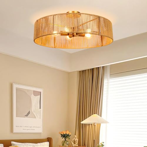 24" Natural Rattan Ceiling Light, Semi Flush Mount Gold Ceiling Light Fixture, 5-Light Boho Chandelier Antique Brass Brush Paint Farmhouse Lamp Fixture for Bedroom Living Room Kitchen Island