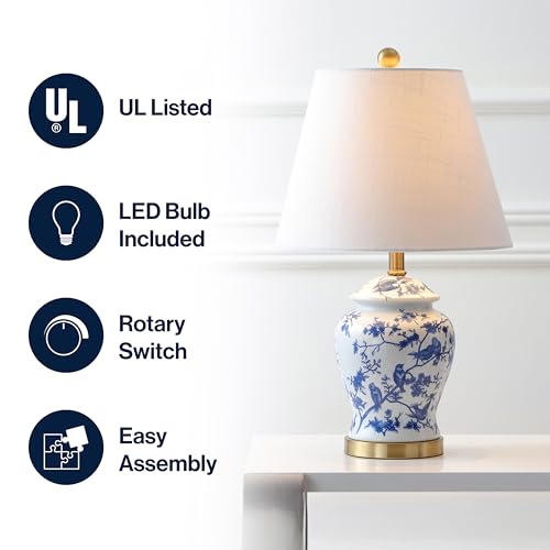 JONATHAN Y 22" Blue/White Ceramic Table Lamp, French Country Chinoiserie Ginger Jar LED Bedside Lamp for Living Room Bedroom, White Linen Shade, JYL3005A - color: Blue/White, size: Set of 1