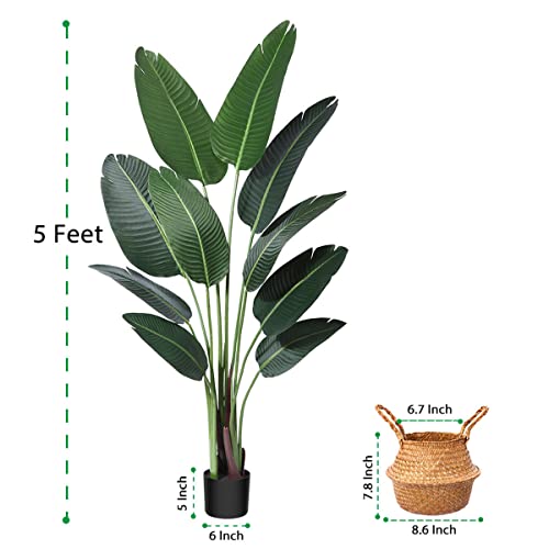 Ferrgoal 5ft Bird of Paradise Artificial Plant with 10 Trunks in Woven Seagrass Pot, Faux Tropical Tree for Indoor & Outdoor Home Décor, Green - size: 5ft