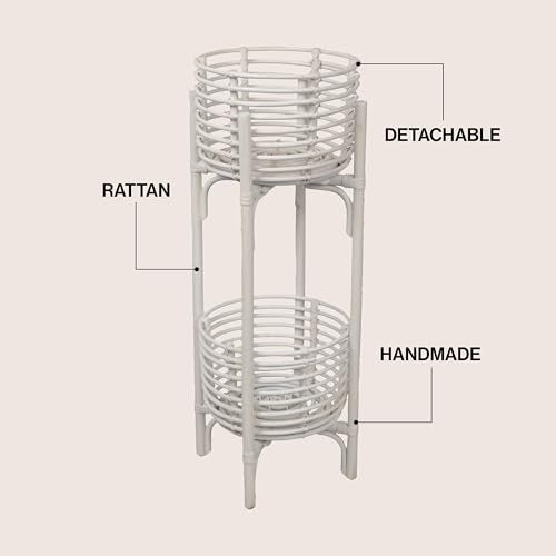 JONATHAN Y Zachariah 33.5" Bohemian Minimalist Handmade Rattan 2-Tier Indoor Planter Stand, White Woven Decorative Stand PLN3000W - color: White