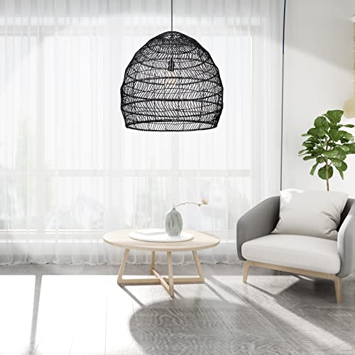 Arturesthome 15.7" Black Woven Chandelier for Kitchen,Rattan Woven Basket Pendant Light Boho Coastal Pendant Lampshade for Hallway Bedroom - color: Black, size: 15.7in*13.78in