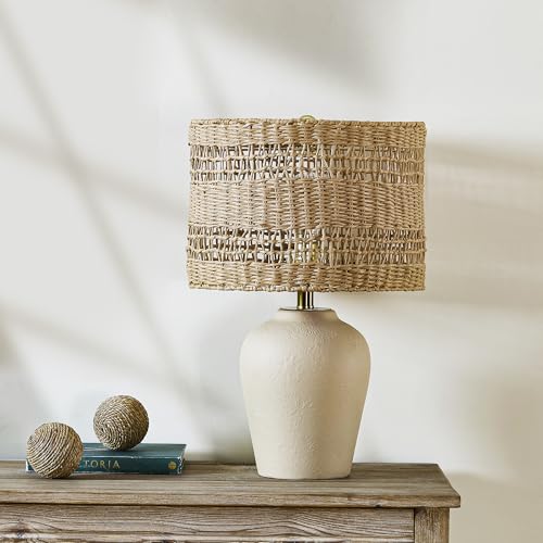 Maxax Boho Ceramic Table Lamp for Living Room, 21" Farmhouse Ceramic Bedside Lamp with Woven Rattan Shade, Coastal Rattan Bedroom Lamp for Nightstand - color: Beige