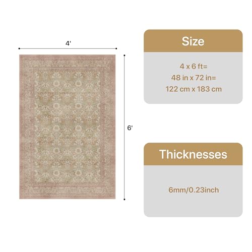 Bavni 4x6 Vintage Floral Rug, Washable Non Slip Area Rug for Entryway, Bedroom, Kitchen or Living Room, Low Pile Carpet, Brown Pink - color: Brown Pink, size: 4' x 6' (Rectangular)