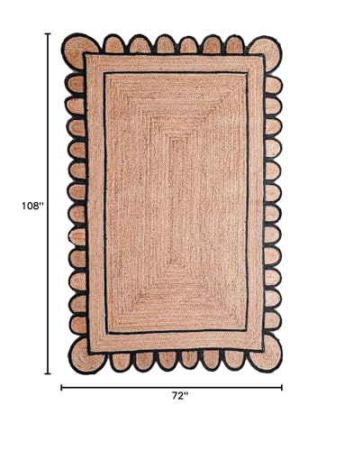 Braided Scalloped Jute Rug Natural with Black Trim, Handmade Farmhouse Boho Area Rug for Entryway, Kitchen, Hallway, Living Room, Bedroom, Rustic Woven Floor Rug - (Black- 6X9 ft) - size: 6' x 9' (Rectangular)
