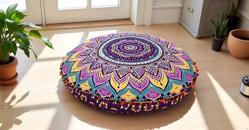 CRAFT KALA 32" in Round Mandala Floor Pillow Cushion Cover Seating Throw Cover Hippie Decorative Bohemian Ottoman Poufs Pillow Cover Cases Boho Cotton Living Yoga Home Décor (New Pink Ombre) - color: New Pink Ombre