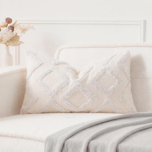 NUYECY Diamond Pattern Long Pillow Covers 12 x 24,Plush Chenille Decorative Long Lumbar Pillow Case Pillow Covers Cushion Case for Sofa Couch Bed Livingroom Farmhouse,Modern Boho,Cream White - color: White, size: 24" x 12" (Pack of 1)