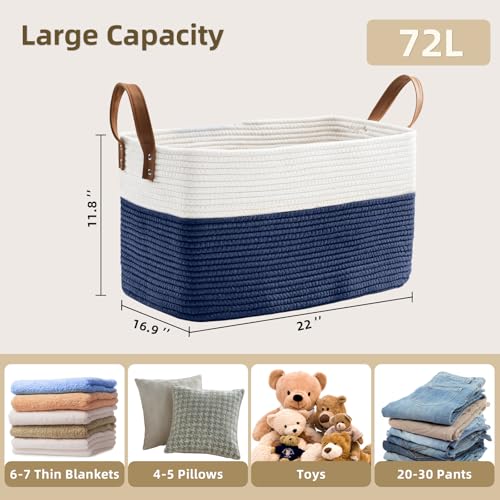 BOLDMONKEY 72L Laundry Basket with Leather Handles,Woven Cotton Rope Blanket Basket,Toy Bin for Baby Room,Laundry Hampers for Bedroom, Living Room,Bathroom,22"x17"x11.8" Navy - color: Navy, size: 72L