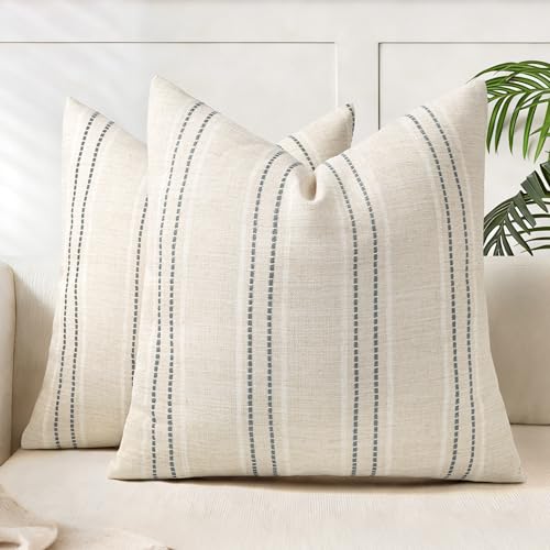 AELS 18x18 Decorative Farmhouse Linen Blend Throw Pillow Covers, Boho Textured Pillow Case, Set of 2, Beige with White & Gray Stitch Yarn Dyed Stripe Cushion Cover for Sofa Living Room (Cover ONLY) - color: Beige With White & Gray, size: 18" x 18" (Pack o