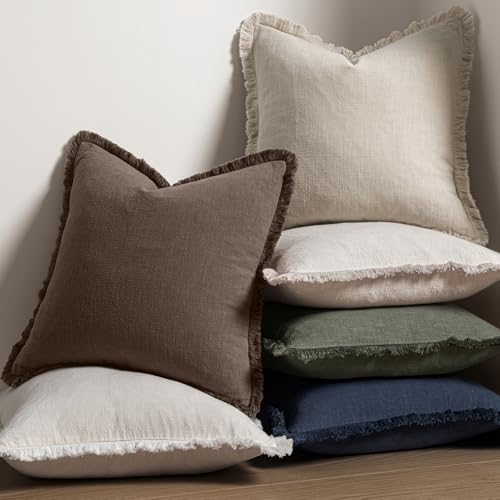 MIULEE Decorative Throw Pillow Covers Neutral Linen Fringe Throw Pillows Set of 2 Reddish Brown Boho Farmhouse Cushion Covers for Couch Sofa Bed Living Room Spring Home Decor 16x16 Inch - color: Reddish Brown, size: 16" x 16" (Pack of 2)
