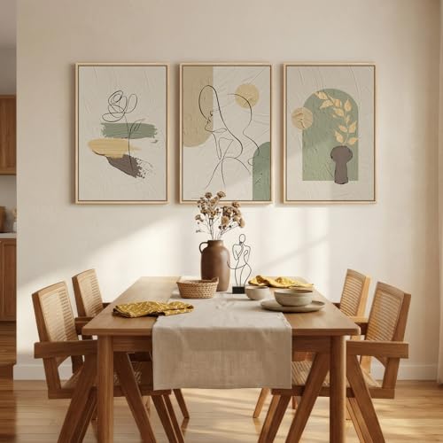 Framed Abstract Boho Wall Art for Living Room, 3 Piece Large Neutral Canvas Prints Paintings, Modern Minimalist Line Face Botanical Picture Artwork Decor for Bedroom Dining Room Hallway, 16x24 Inch - color: Beige Green, size: 24" H x 16" W x 3Pcs