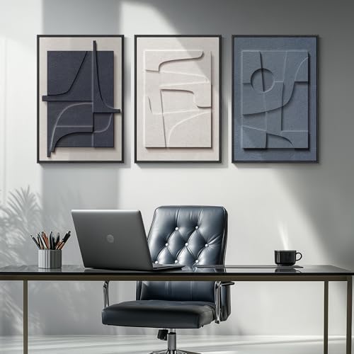 3D Textured Framed Blue and White Abstract Wall Art, 3 Piece Modern Artwork for Walls, Minimalist Navy Blue Geometric Wall Paintings for Living Room, Bedroom, Dining Room, Office Wall Decor 16x24 In - color: Blue White, size: 16"w X 24"h X 3pcs