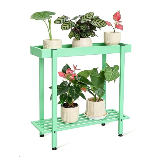 Honla Metal Plant Stand Indoor Outdoor,2 Tier Window Tall Plant Table Bench Shelf for Multiple Plants,26" L x 8.66" W x 24.40" H,Mint Green - color: Mint Green