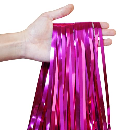 Hot Pink Party Streamers Backdrop - GREATRIL Shiny Fuchsia Tinsel Foil Fringe Curtain for Birthday/Flamingo/Fancy/Galentine/Breast Cancer Awareness Decorations - 3.2ft X 8.2ft - 2 Packs - color: Hot Pink