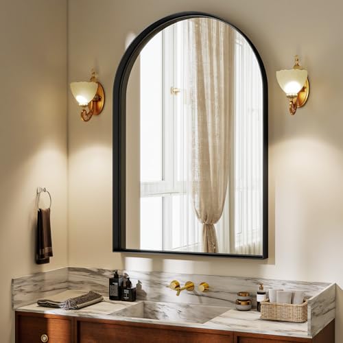24" x 36" Luxury Arched Bathroom Mirror - Arch Wall Mirror with Shatterproof Tempered Glass and Metal Deep Frame, Hanging or Leaning for Living Room, Dresser, Entrance and Hallway, Black - color: Black, size: 36"L x 24"W