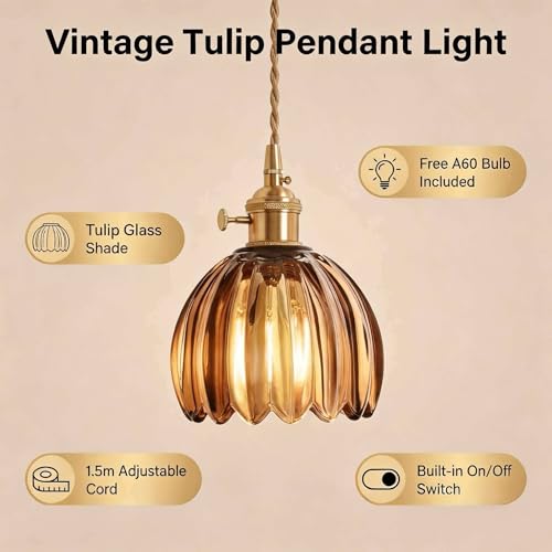 Amber Tulip Glass Pendant Light, 2 Natural Light Bulbs Included, Adjustable Cord with Switch, Suitable for Kitchen Island/Dining Room - color: Amber 2pcs Tulip Pendant Light