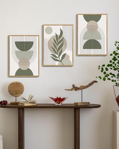 Drsoum 12x16in Boho Wall Art Green Sage Decor Framed Wood Modern Bohemian Abstract Geometry Canvas Prints Ready to Hang - color: green boho decor, Natural Framed, size: 12" x 16"