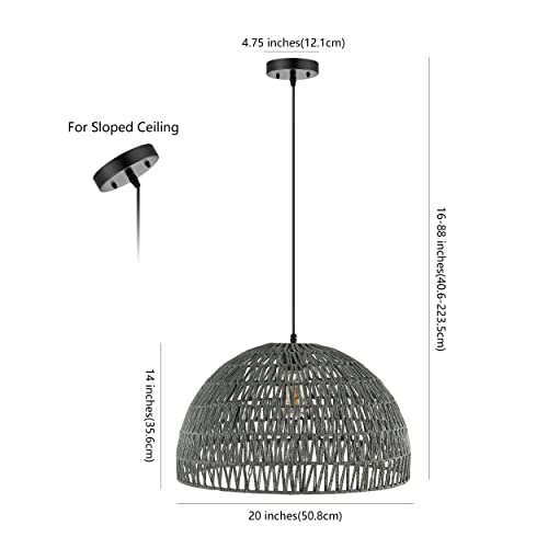 JONATHAN Y 20" Gray Modern Bohemian Woven Rope LED Pendant Light Fixture, Adjustable Dome Ceiling Lamp for Kitchen Island, Rope Shade, Coastal Farmhouse Decor (JYL6504D) - color: Gray, size: 20"