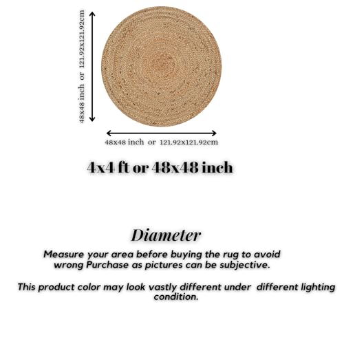 Hand Woven Jute Area Rug - 4' Round - Rustic Beige Reversible Farmhouse Rugs for Living Room, Bedroom, Kitchen - Vintage Natural Braided Entry Floor Décor Circle Boho Round Rug 4ft - color: Natural 1, size: 4' (Round)