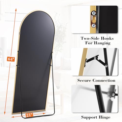DUMOS 64"x21" Arched Full Length Mirror with Stand, Floor Body Mirror Shatter-proorf Nano Glass with Aluminum Frame, Free Standing or Hanging Leaning Modern Simple Home Decor, Gold - color: Gold-rounded, size: 64"L x 21"W