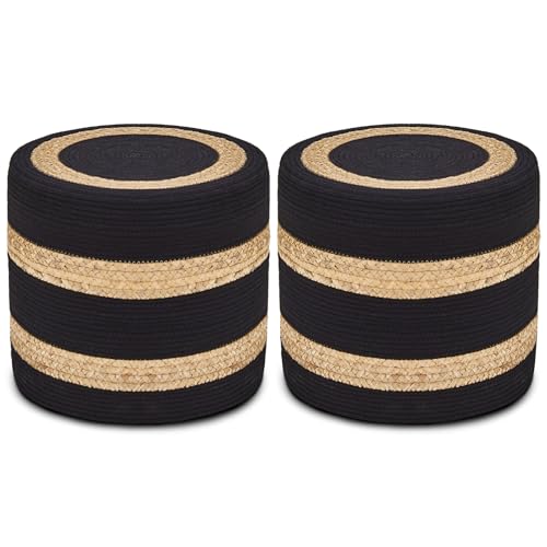 Wimarsbon 2Pcs Pouf Ottomans, Natural Seagrass Foot Stool, Hand Weaving Round Ottoman, Boho Decorative Seat, Jute Braided Pouffe Poof Accent Sitting Footrest for Living Room (18inch 68LH) - color: 18inch Water Hyacinth Braid & Black Cotton Rope