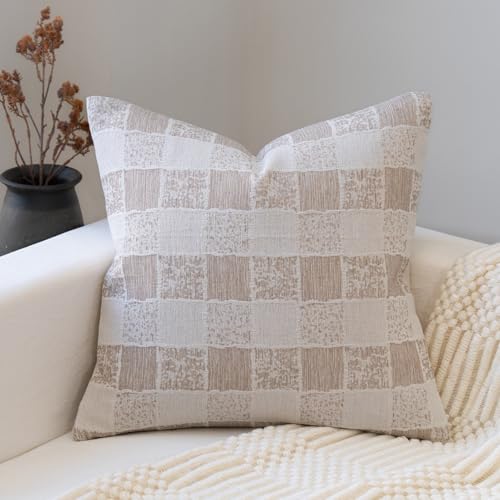 FIOUOVO Decorative Neutral Throw Pillow Covers 18x18 Farmhouse Pillow Covers Cotton Check Cushion Covers Home Decor for Sofa Couch Living Room Bedroom 1PC, Taupe Check - color: Taupe Check, size: 18" x 18" (Pack of 1)