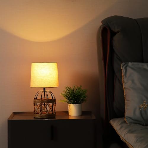 2 Pack Boho Rattan Table Lamps for Bedroom,Small Bedside Nightstand Lamp with Metal Cage Base Linen Shade,Farmhouse Coastal Rustic Living Room Bedroom Decor - size: 2 Pack
