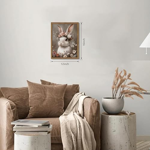 Framed Vintage Easter Bunny Wall Art, White Bunny with Flower Crown Canvas Prints, Cottage Farmhouse Animal Artwork, Rustic Easter Wall Decor for Kids Room Girls Bedroom Living Room 12x16in - color: Easter Bunny, size: 16"L x 12"W