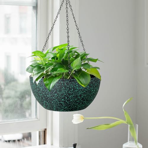 WSMKSZ 10inch Hanging Planters for Outdoor Indoor Plants with Drainage Holes and Chain, 2 Pack Round Hanging Flower Pots for Garden Home Porch Decor, Black with Green Speckles - color: Black With Green Speckles, size: 10inch 2pcs