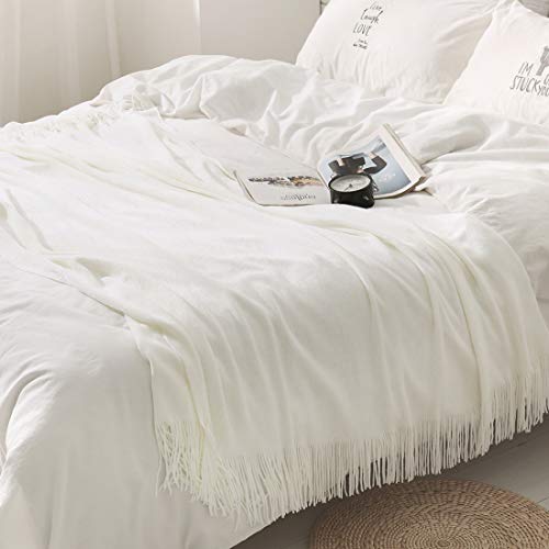 Homiest Decorative Knitted Throw Blanket with Fringe Soft & Cozy Tassel Blanket for Couch Sofa Bed- 50 x 60 (50" x 60", Ivory) - color: Ivory, size: 50" x 60"
