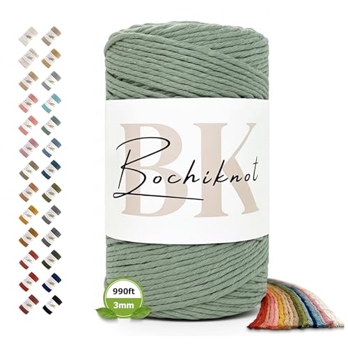 BOCHIKNOT Single Strand Macrame Cord 3mm x 330yds (300m) – Soft Cotton Macrame Rope for Beginners, Easy to Knot for Wall Hangings, Plant Hangers, Fringe and DIY Crafts (Sage) - color: Sage, size: (3mm x 302m) - Single Strand Twist