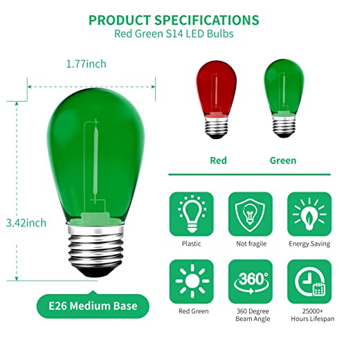 Meconard S14 Colored LED String Light Bulbs, 24-Pack 1W Plastic Shatterproof Waterproof Outdoor Indoor Replacement Bulbs for Home Decor, E26 Medium Screw Base, Red and Green Christmas Bulbs - color: Red Green, size: 24 Count (Pack of 1)
