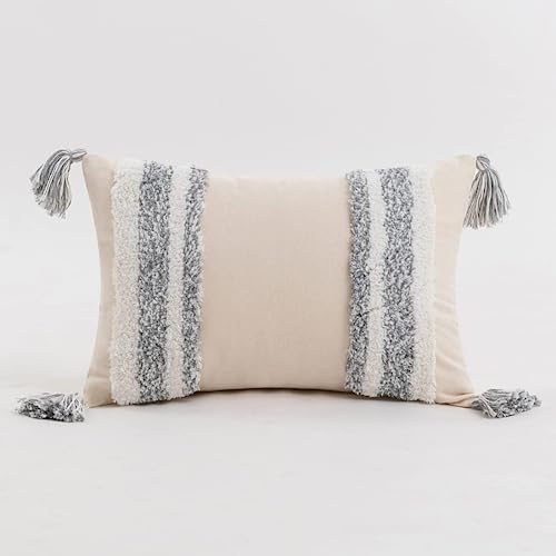 Boho Tufted Throw Pillow with Tassels, Country Thick Striped Style Soft Cushion Cover Decor wuth Zipper for Chair Bed Couch Living Room (Grey,12" x 20") - color: Grey, size: 12" x 20"