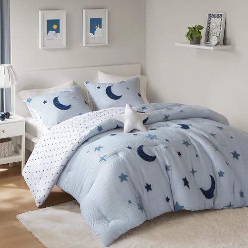Intelligent Design Kids Cosmos Full Size Comforter Set – Blue Star and Moon Tufted Chenille, Reversible 4-Piece Bedding with Star Pillow, Full/Queen - color: Blue, size: F/Q Comforter