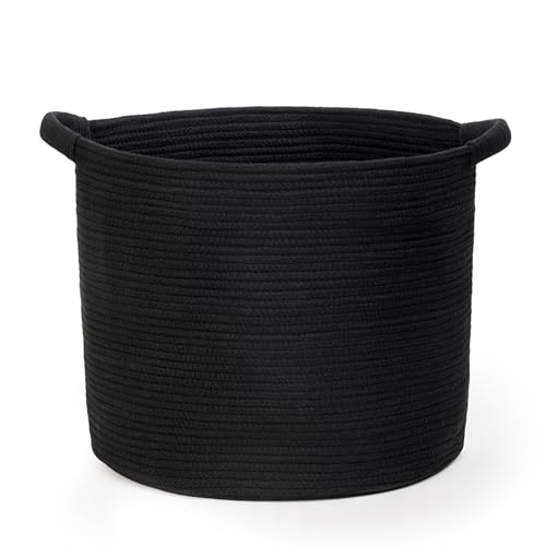 Blanket Basket (16" Dx14 H) - Round Woven Rope Storage for Living Room Throws, Pillows & Laundry- Black - color: Black, size: 16" X 16" X 14"