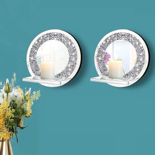 ZOLAPI Set of 2 Crystal Crush Diamond Candle Sconces, Gorgeous Silver Mirrored Wall Sconce, Candle Holder Glass Wall Decorations for Home Décor, Living Room, Dining Room.Round - color: Silver Mirror ◎