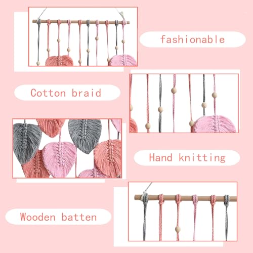 LB Macrame Wall Hanging Decor, Boho Chic Feather Wall Decor Macrame Photo Wall Hanging Handmade Yarn Woven Wall Art Pink Leaf Tapestry for Bedroom Living Room Nursery Office Backdrop, 16x35 Inch - color: Pink