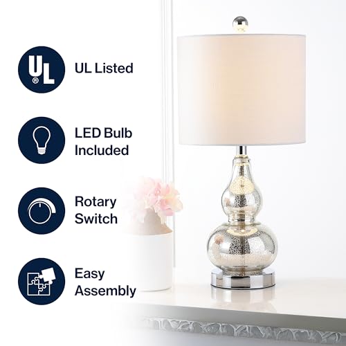 JONATHAN Y 20.5" Mercury Silver Glass Table Lamp, Modern Gourd Bedside Nightstand Lamp for Bedroom, Living Room, White Linen Shade, LED Bulb Included (JYL1028C) - color: Mercury Silver, size: Single