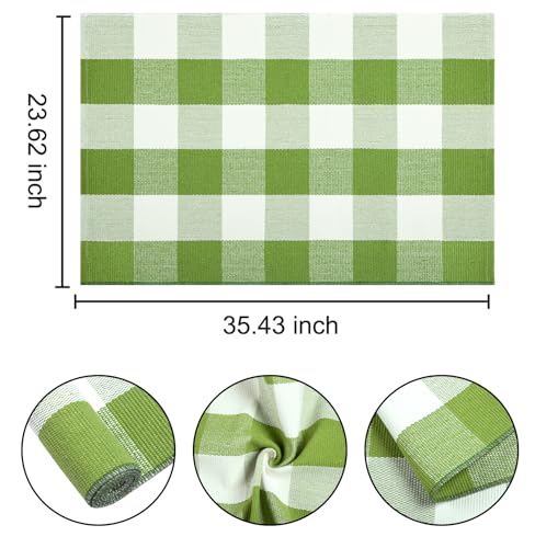 Layered Doormat 24''x35'' Green and White Buffalo Plaid Porch Mat Cotton Woven Washable Carpet for Layered Doormat Hello/Welcome Door Mat,Kitchen,Farmhouse,Entryway - color: Green Buffalo, size: 24''x 35''