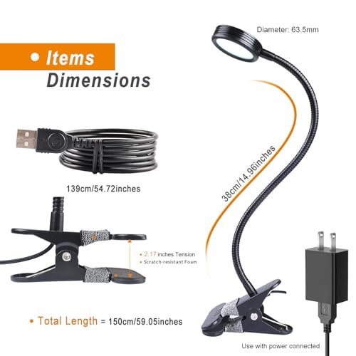 LEPOWER Clip on Light/Reading Lights/Book Light/Desk Lamp Color Changeable/Night Lights Clip on for Desk, Bed Headboard and Computers, Adapter Included (Black) Metal - color: Black
