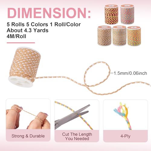 21.5 Yards 1.5mm 4-Ply Twine Braided Cord Macrame Polycotton Cord Chinese Knotting Thread for Friendship Bracelet DIY Craft String Knitting Macrame Rope Wall Hangers Decoration - color: Mixed Color 7, size: 1.5mm