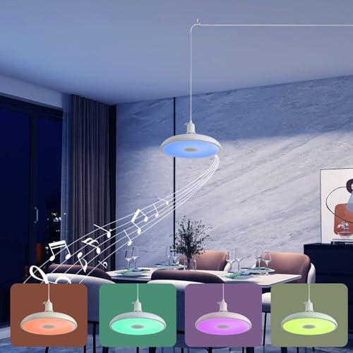 Plug-in Pendant Light with Remote Control, Bluetooth Speaker, and Color Changing LED 8.7" 18W Adjustable Farmhouse Hanging Fixture for Kitchen Island, Bar, Dining Room, Bedroom, Entryway - color: White-9inch