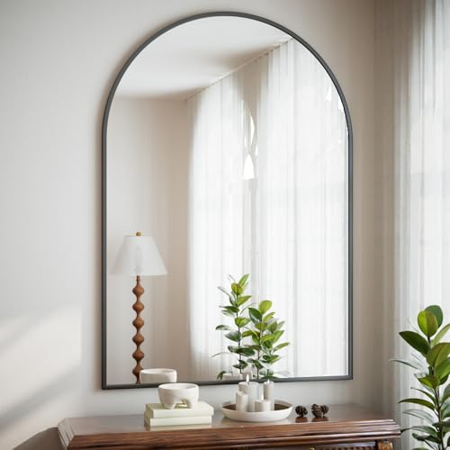 HARRITPURE Arched Bathroom Mirror - 32"x48" Black Large Wall Mounted Vanity Mirror Aluminum Alloy Frame Arch Wall Mirror for Living Room, Bedroom and Entryway - color: Black-1pcs, size: 48"L x 32"W