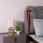 Boho Table Lamp for Bedroom, Small Bedside Lamp with Rattan Metal Cage Base and Linen Shade, Nightstand Lamp for Living Room, Farmhouse Coastal Rustic Bedroom Decor, E26 Socket, Bulb Not Included - size: 1 Pack