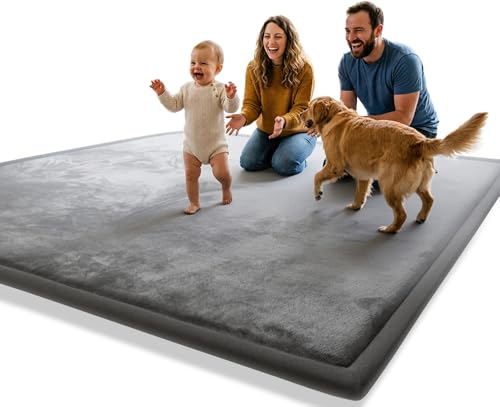 AEOCOO Extra Large 79x118 Baby Play Mats for Floor, 1.3" Thick Memory Foam Infant Tummy Time Mat, CloudSoft Velvet Anti-slip Cushion, Nursery Rug for Baby Kids Crawling, Playroom, Living Room, Grey - color: Grey, size: 79 x 118 x 1.3 Inch