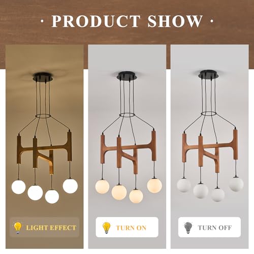 Rustic Wood Chandeliers with Milk Glass Globes Lampshades L24 '' Unique Mid Century Long 4-Light Pendant Chandelier Wood Stained Walnut Farmhouse for Living Dining Room Entryway Bedroom Kitchen,G9 - color: Walnut, size: L24 inches