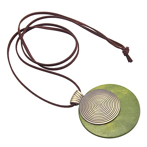 Leather Necklace for Women Long Boho Pendant Hippie Choker Necklace Bohemian Layered Leather Rope Wooden Jewelry Gifts - style: Green Big Wood Pendants