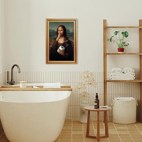 ICHZUMW Gold Framed Funny Mona Lisa Toilet Paper Canvas Wall Art, Quirky Humorous Parody Painting Wall Decor, Ready to Hang for Bathroom Restroom Powder Room, 16x24in - color: Funny Mona Lisa, size: 24"L x 16"W