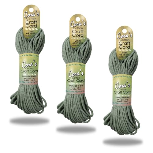 Cora's Cotton Macrame Cord | 2mm x 100ft 3-Pack | Braided Cotton Cord for Macrame | Macrame, DIY Crafts, Plant Hangers, Wall Hanging, Crochet | Durable, Long Lasting, Vibrant (Sage) - color: Sage