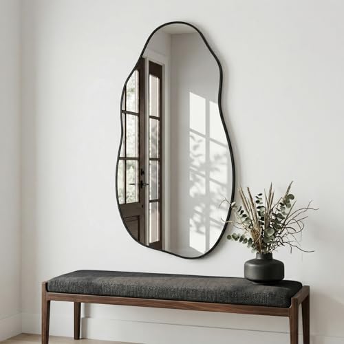 Asymmetrical Wall Mirror 36"x20", Large Irregular Mirror for Bathroom Vanity, Matte Black Rust Proof Aluminum Frame, Tempered Glass Modern Wavy Mirror for Horizontal or Vertical Decor - color: Black, size: 36"L x 20"W